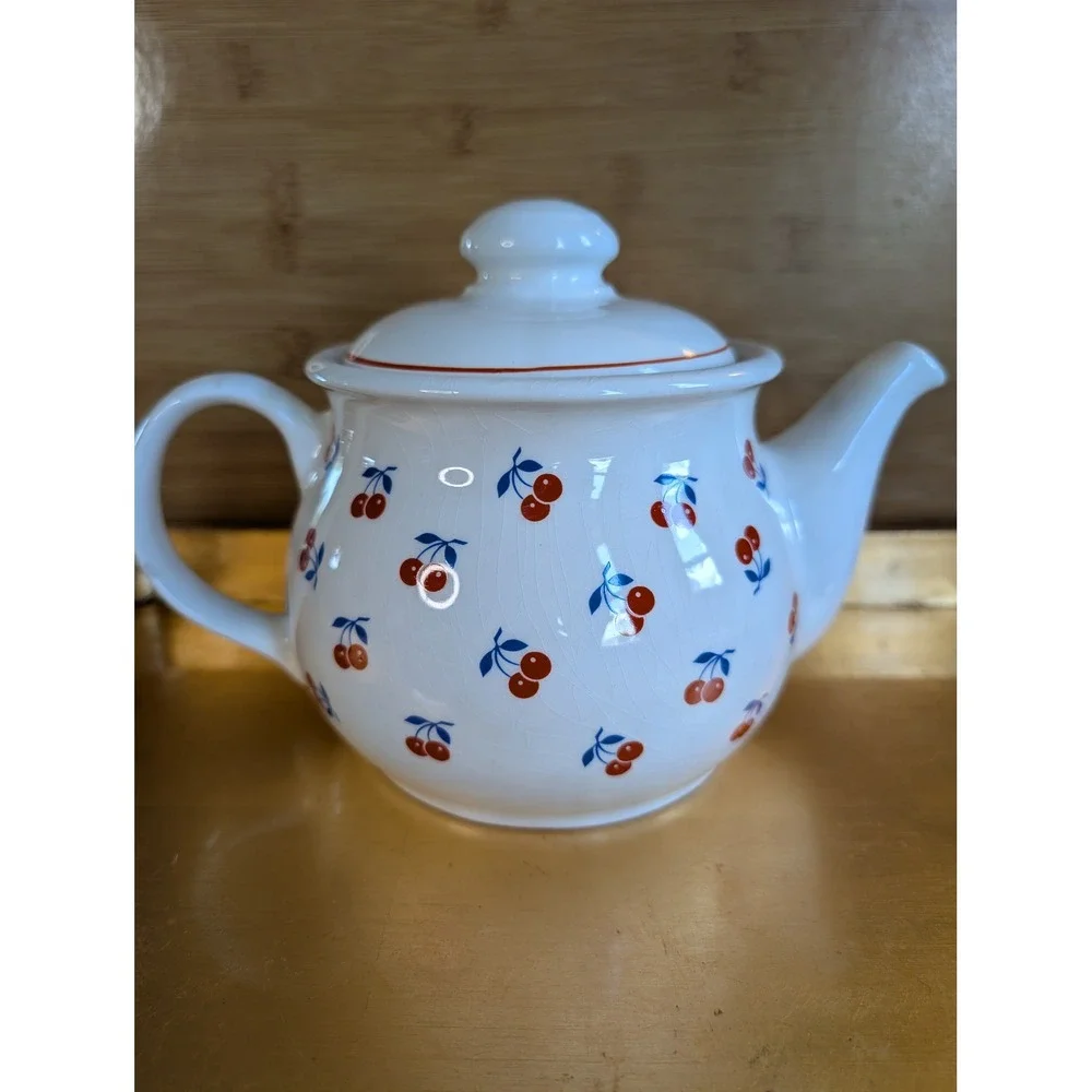 Sadler England Teapot Cherries Pattern Vintage White Ceramic Tea Pot Made in UK